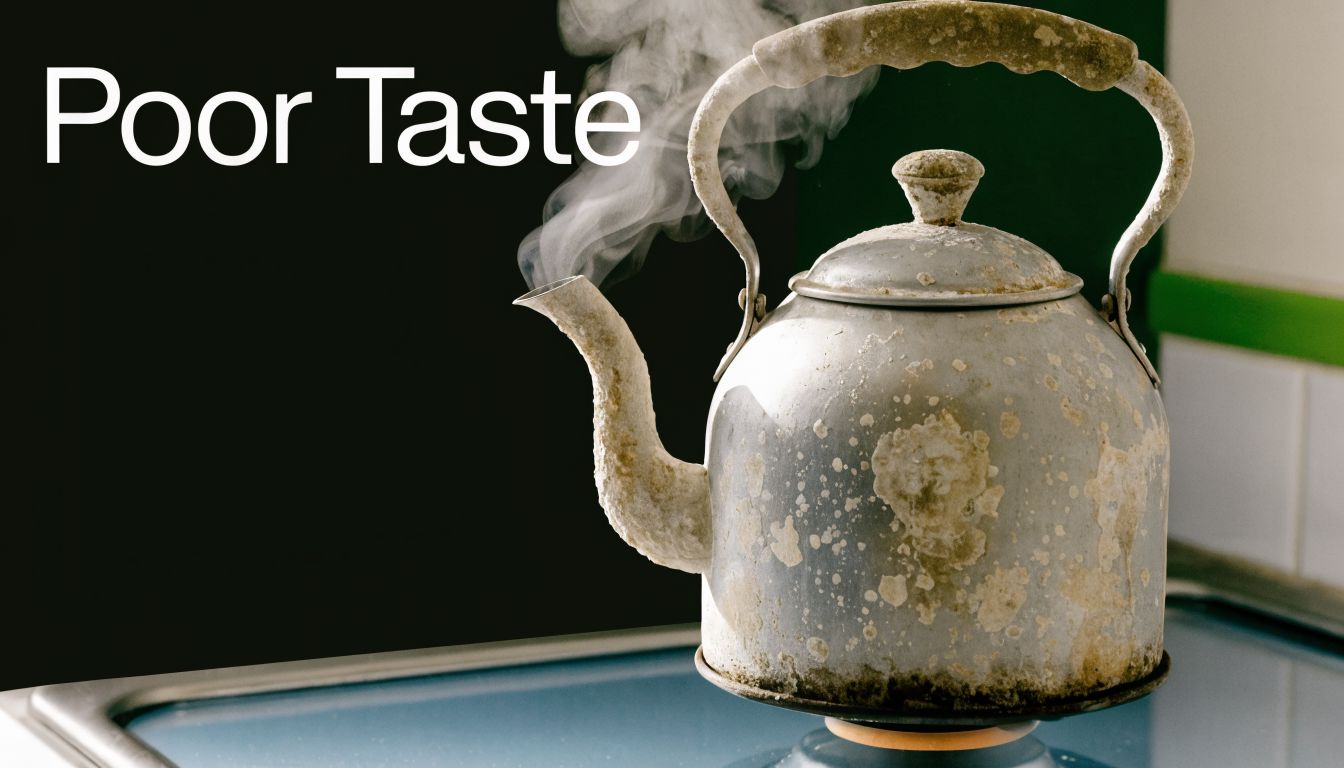A steaming, mineral-encrusted old kettle on a stove, symbolizing poor water quality and the need for filtration.