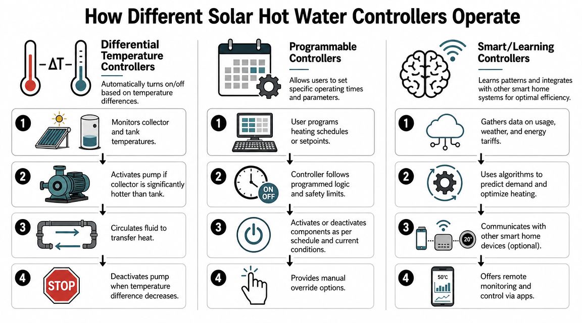 A diagram comparing the operating principles of Differential, Programmable, and Smart solar hot water controllers.