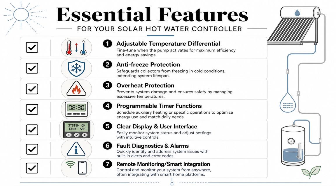 A list of seven essential features for a solar hot water controller shown with icons and descriptions.