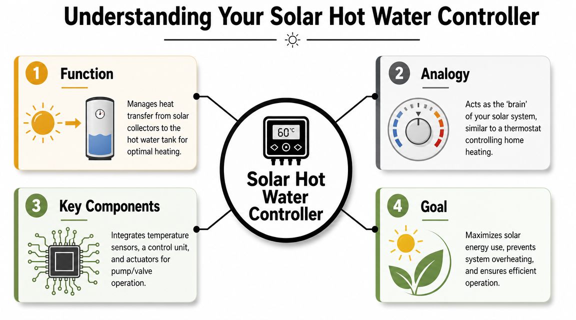 An infographic explaining the function, analogy, key components, and goals of a solar hot water controller.