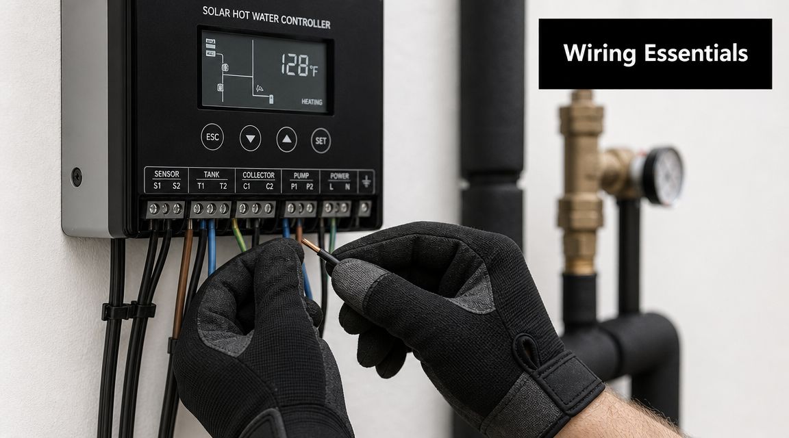 A technician wearing gloves connects wires to a black solar hot water controller mounted on a wall.