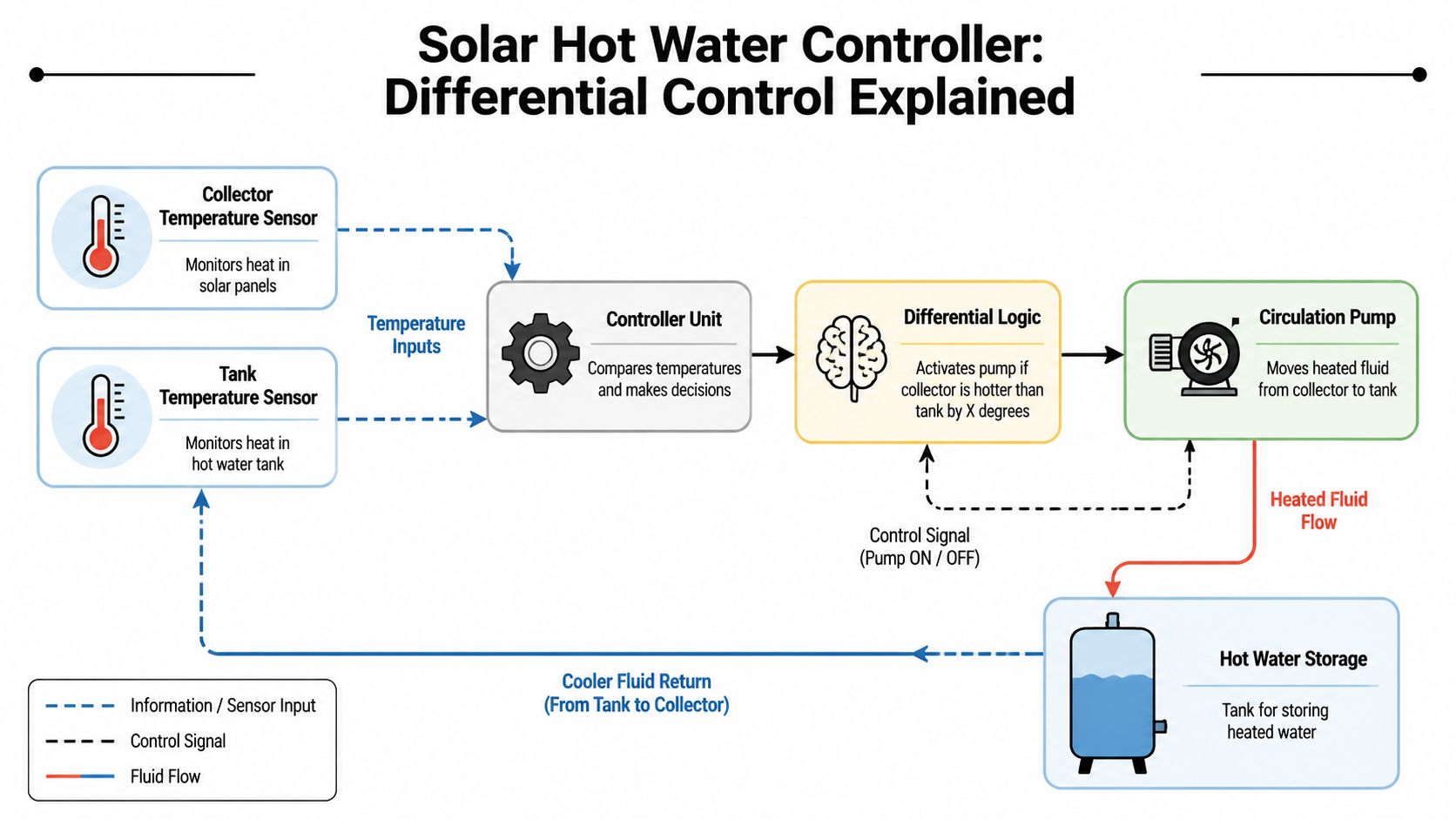 A diagram illustrating how a solar hot water controller uses differential logic to manage system pumps.