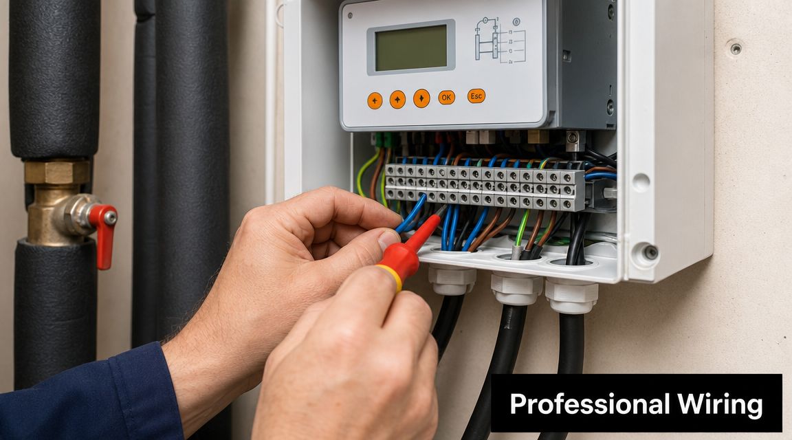 A technician using a screwdriver to wire a solar hot water heater controller system on a wall.