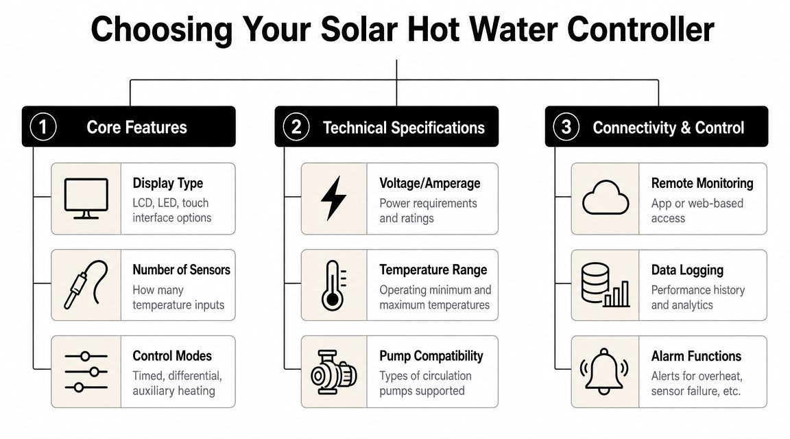 An infographic titled Choosing Your Solar Hot Water Controller listing core features, technical specifications, and connectivity options.
