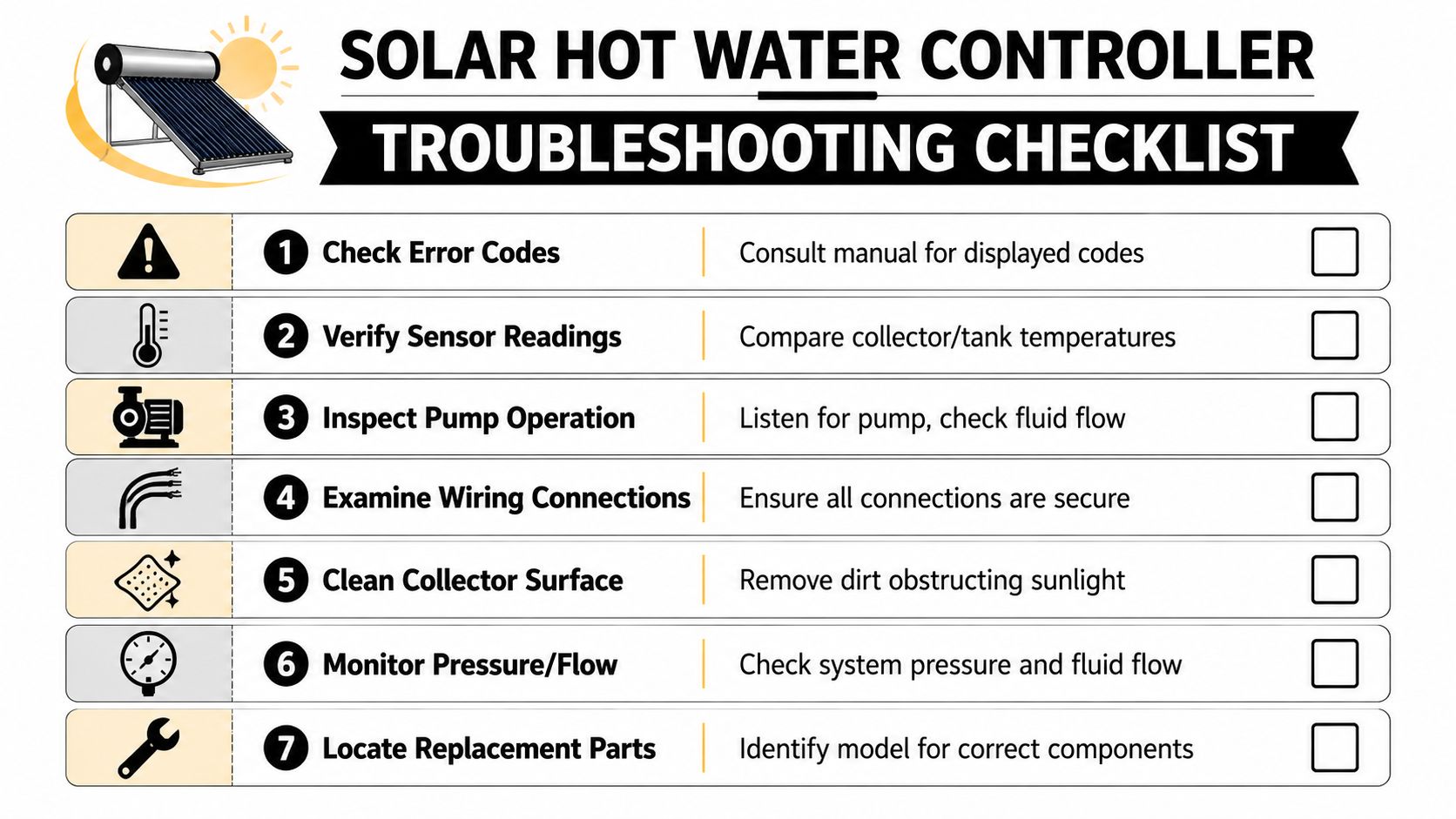 A troubleshooting checklist for solar hot water controllers with seven steps for system maintenance and repair.