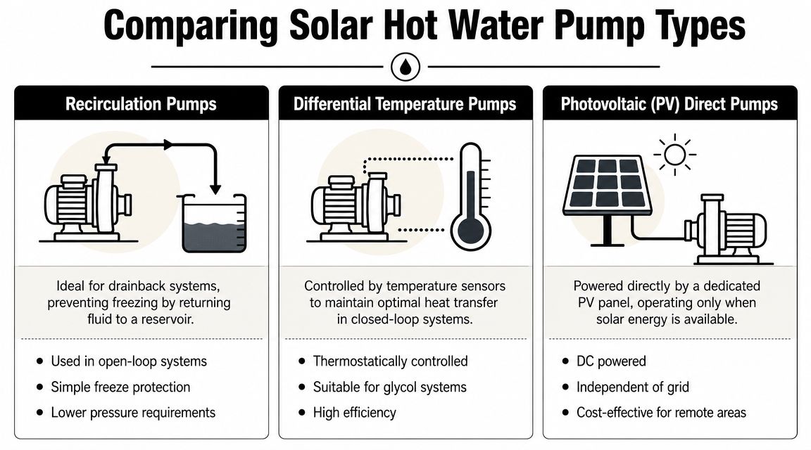 A comparison chart explaining the differences between recirculation, differential temperature, and photovoltaic solar hot water pumps.