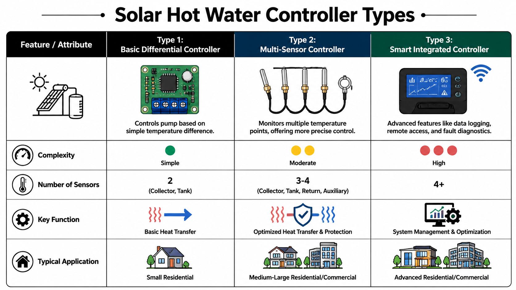 A comparison chart explaining the differences between three types of solar hot water controllers used in systems.