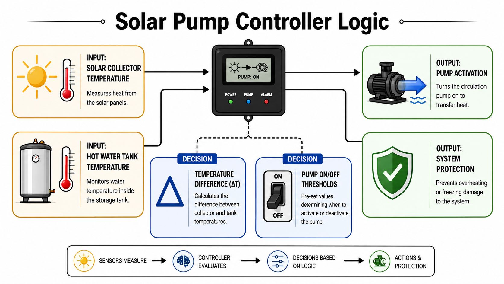 A diagram illustrating the operational logic of a solar hot water pump controller system with inputs and outputs.