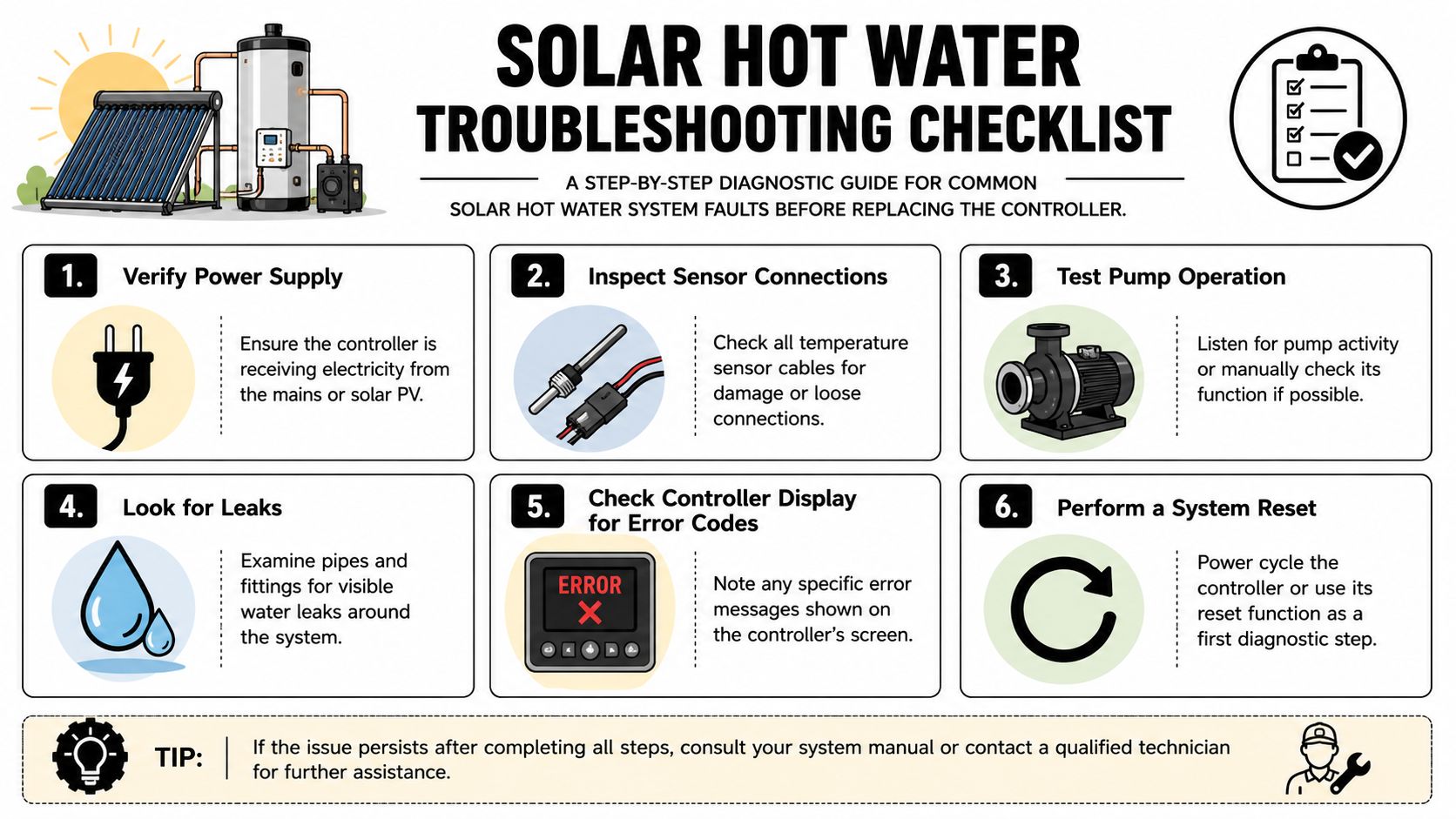 A diagnostic checklist infographic for troubleshooting common solar hot water system controller faults and issues.