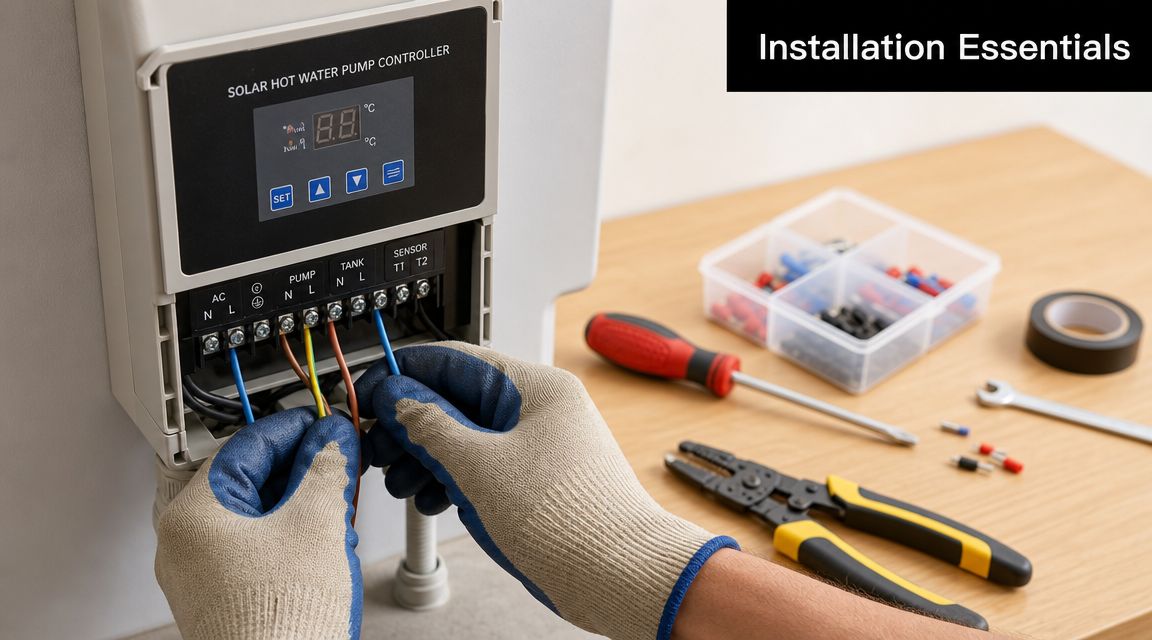 A person wearing protective gloves wiring a solar hot water pump controller on a white wall.