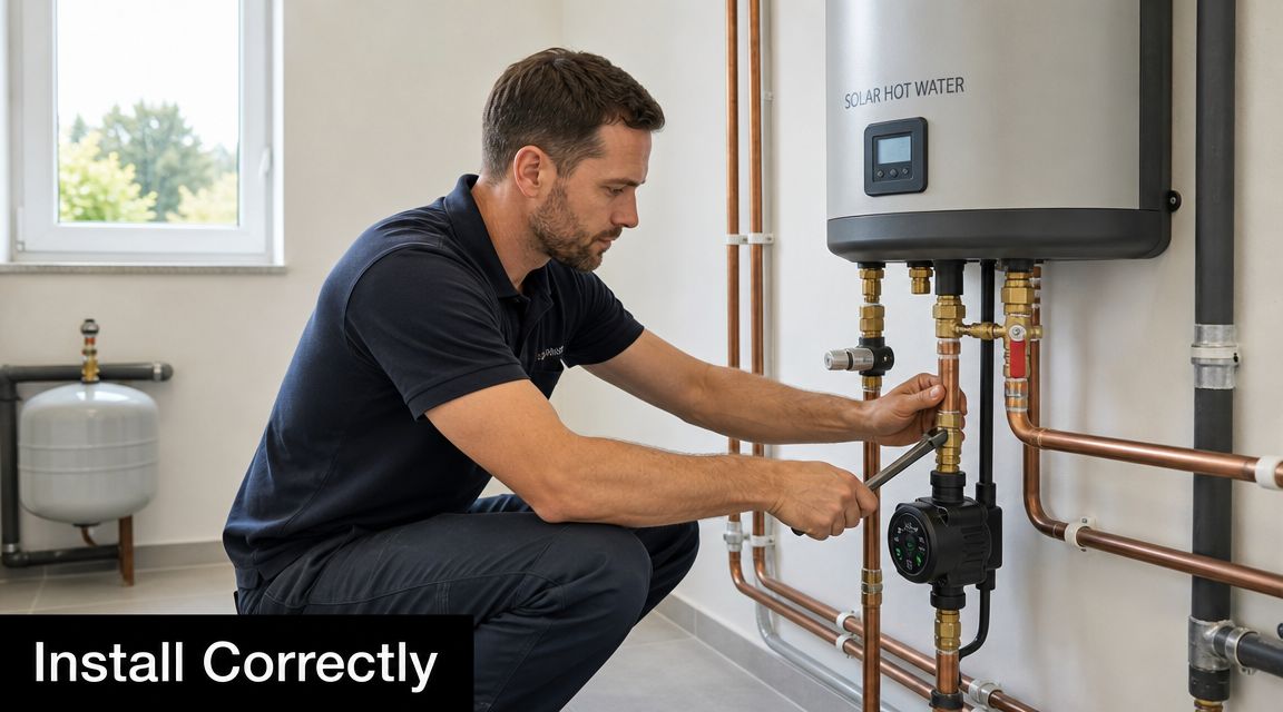 A professional technician carefully installing and tightening pipes for a solar hot water heating system in a home.
