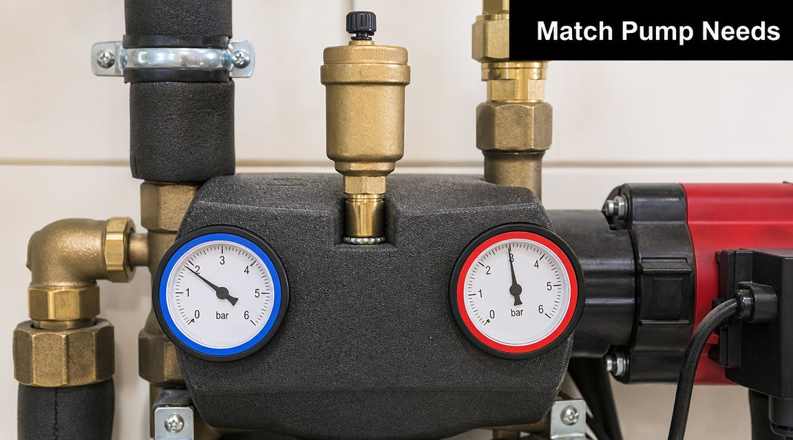 Close-up of a residential heating system pump with two pressure gauges displaying current bar readings.