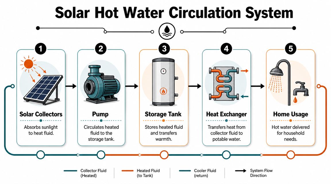 A diagram illustrating the five-step process of a solar hot water circulation system from collection to usage.