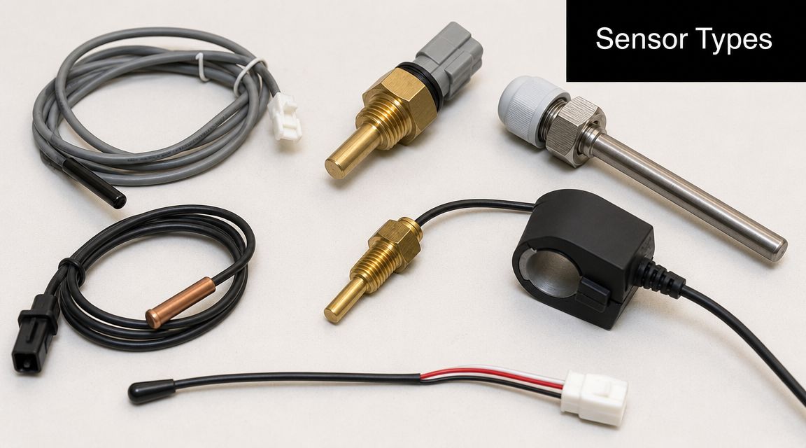A collection of various electronic temperature and flow sensors displayed on a plain white surface.