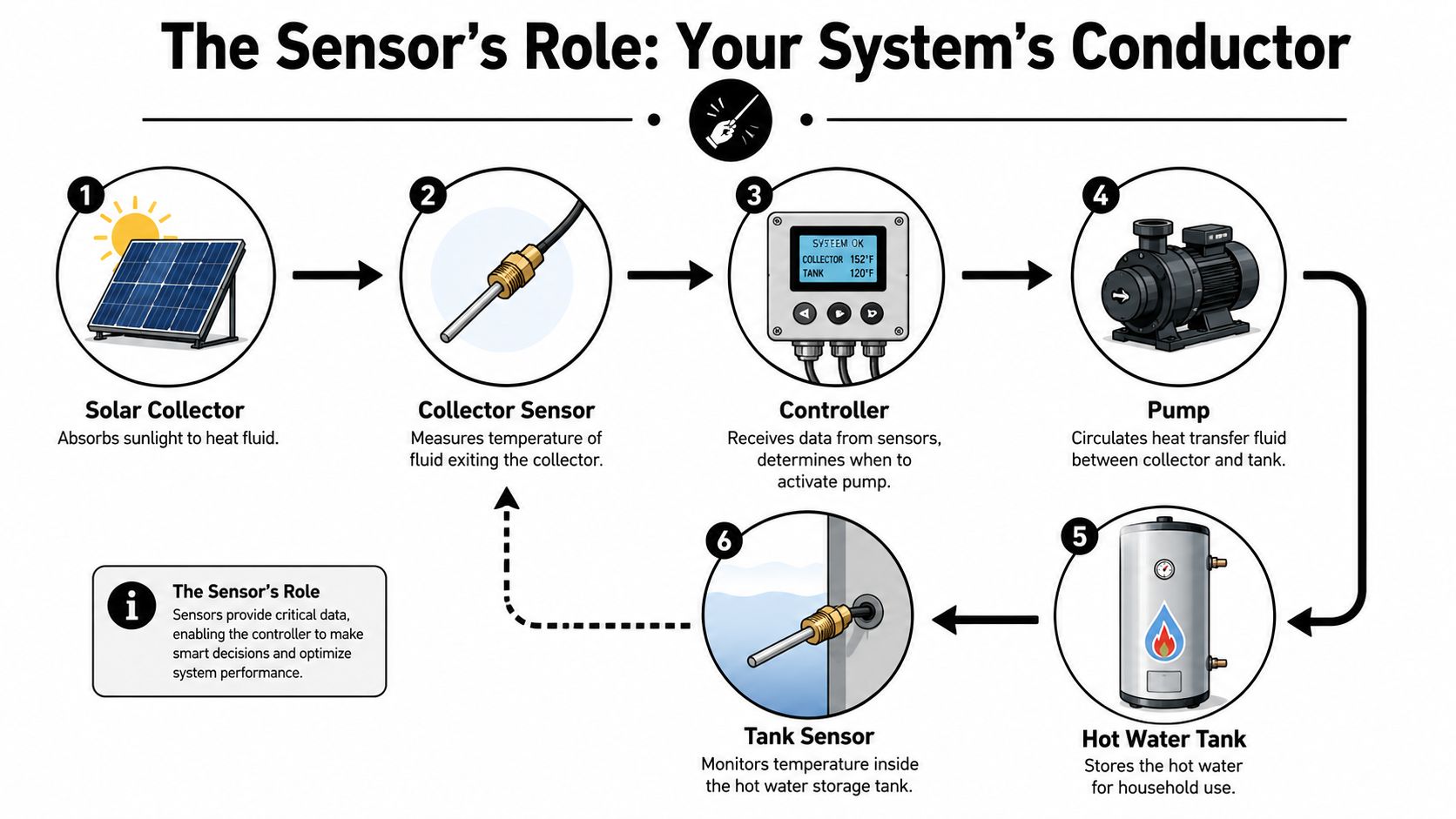 A diagram illustrating the functional role of sensors in a solar hot water heating system.