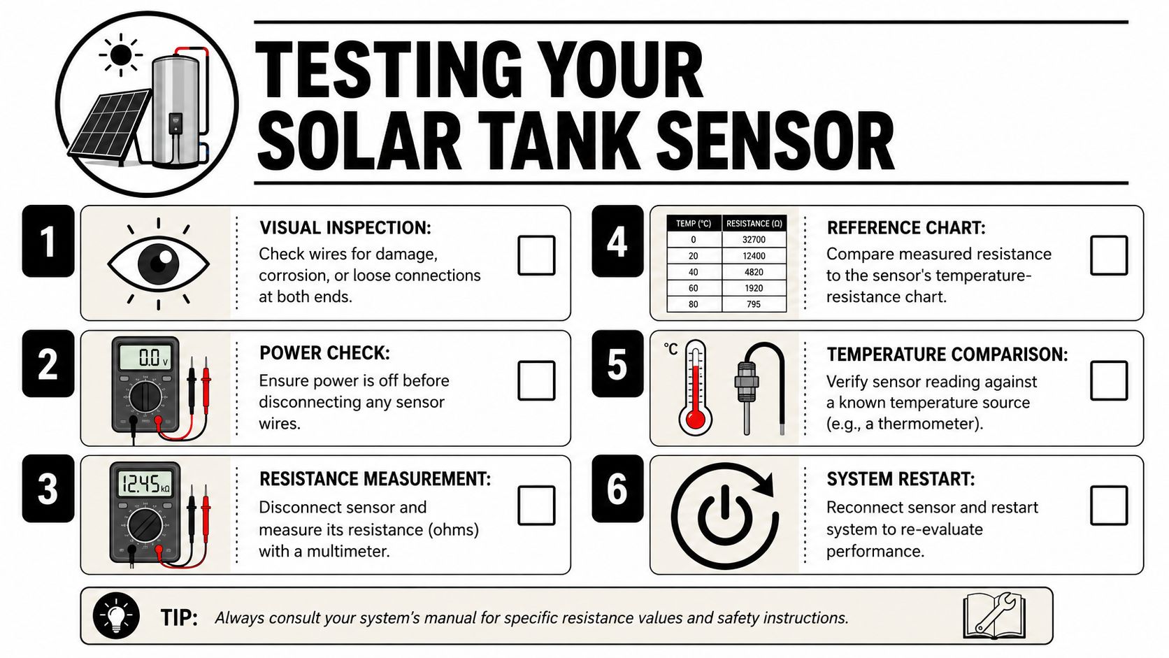A six-step infographic guide demonstrating how to test a solar hot water tank temperature sensor.