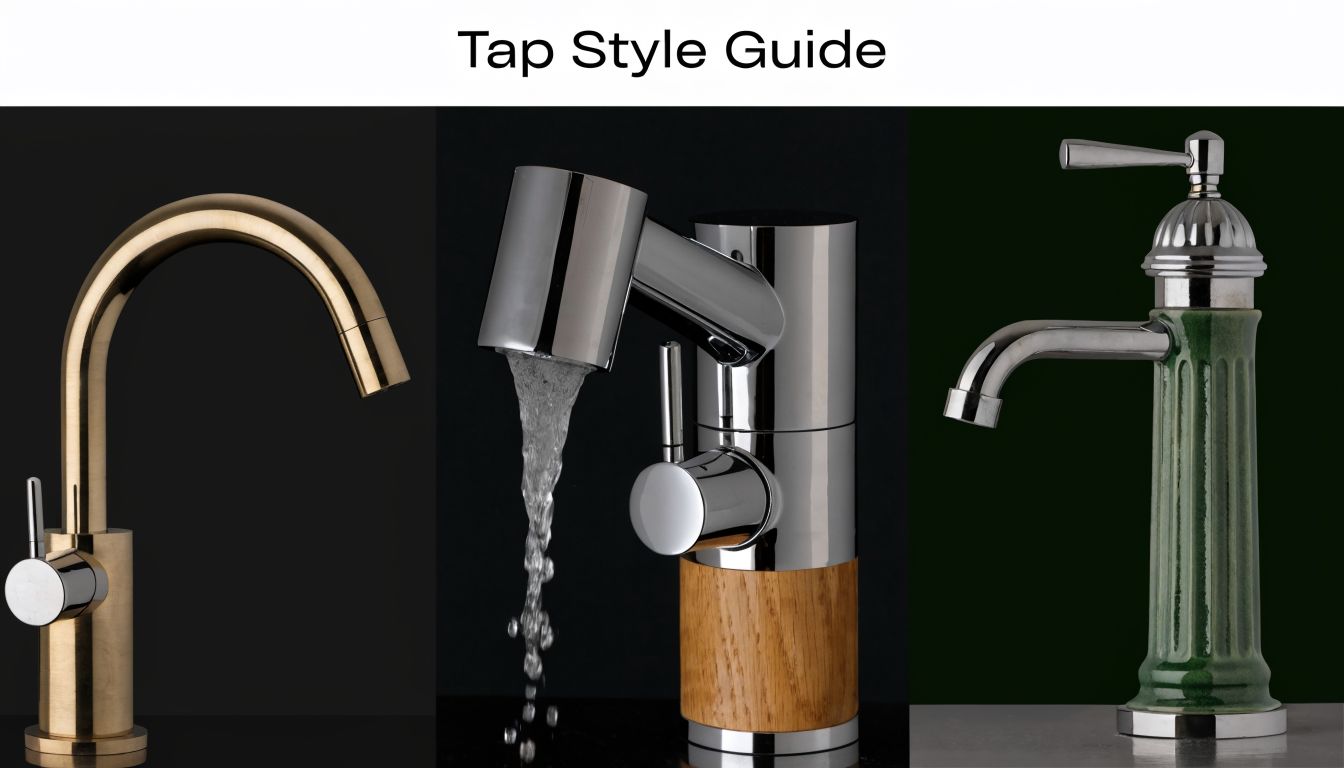 Three different modern and vintage style kitchen taps displayed side by side on a black background.