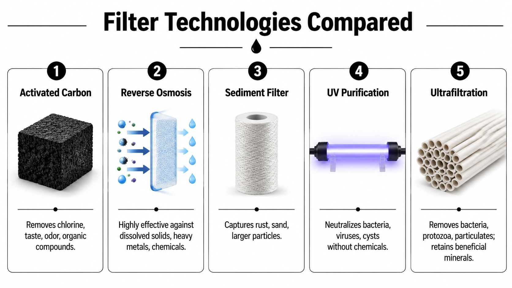 A comparison chart showing five common water filter technologies with brief descriptions and representative icons.