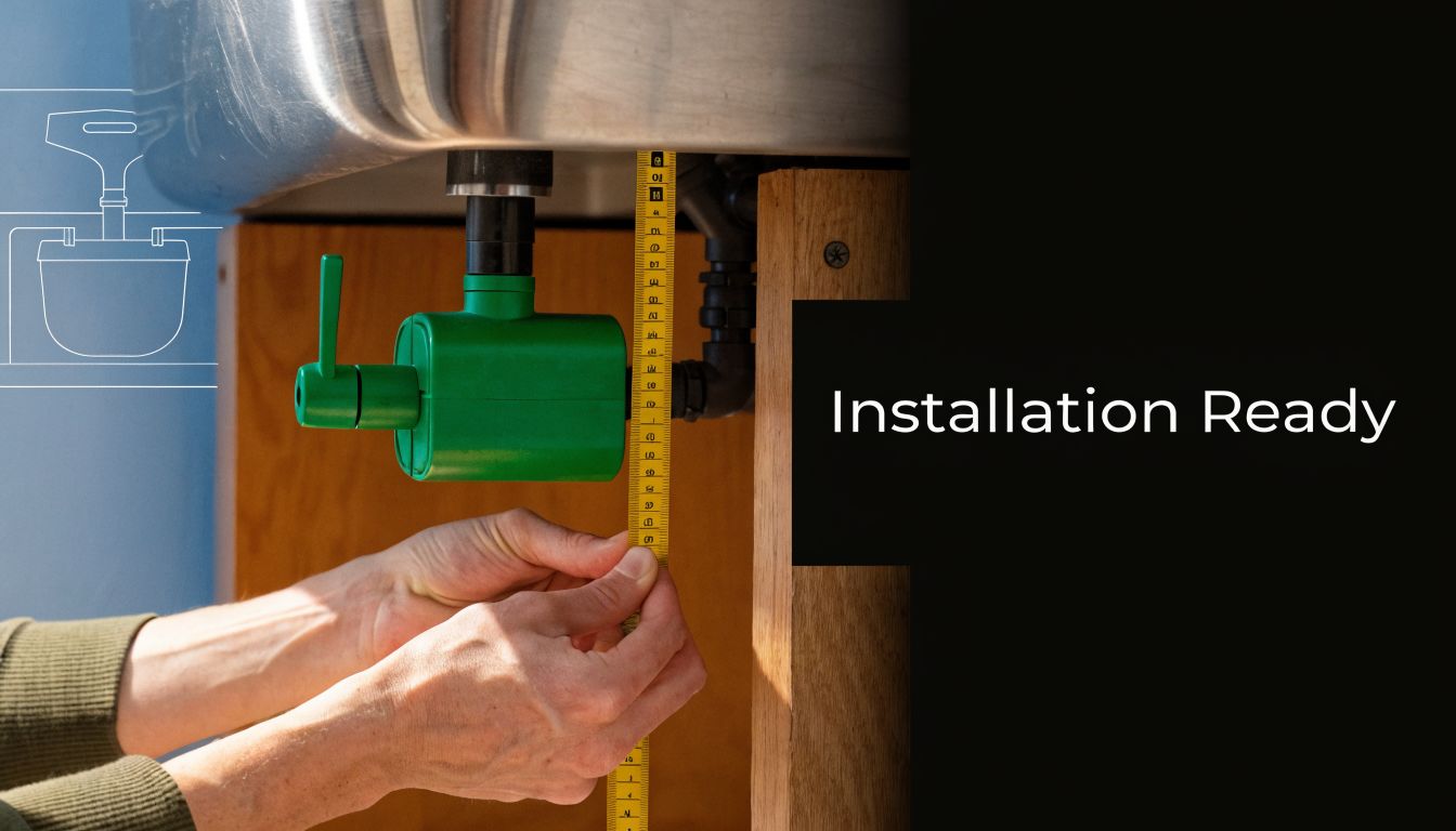 A person measuring the space under a kitchen sink before installing a water filter system.