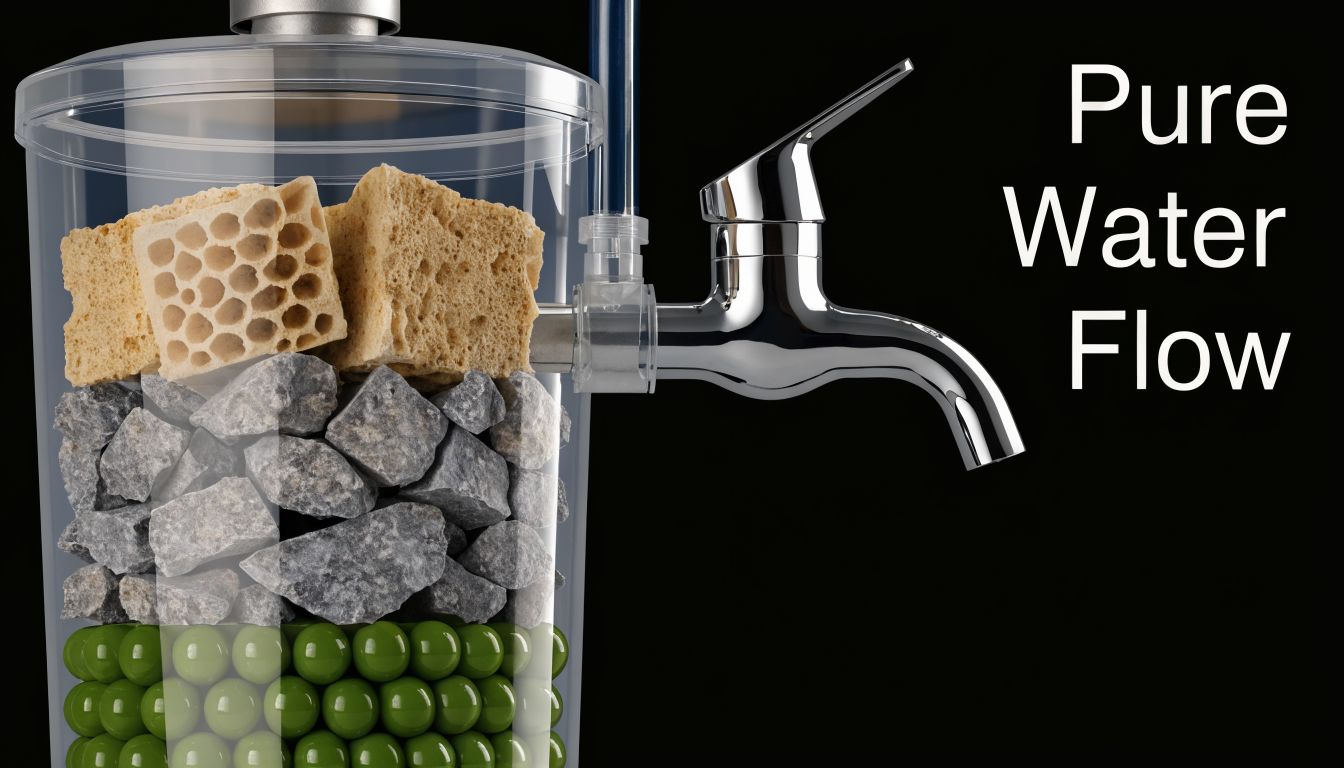 A transparent water filtration container featuring layered natural stone, porous sponges, and green beads with a faucet.