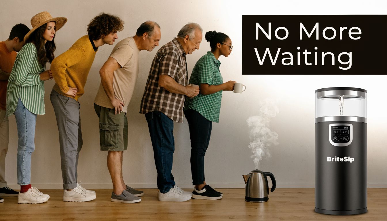 A line of diverse people waiting for a kettle to boil next to a sleek Britesip water dispenser.