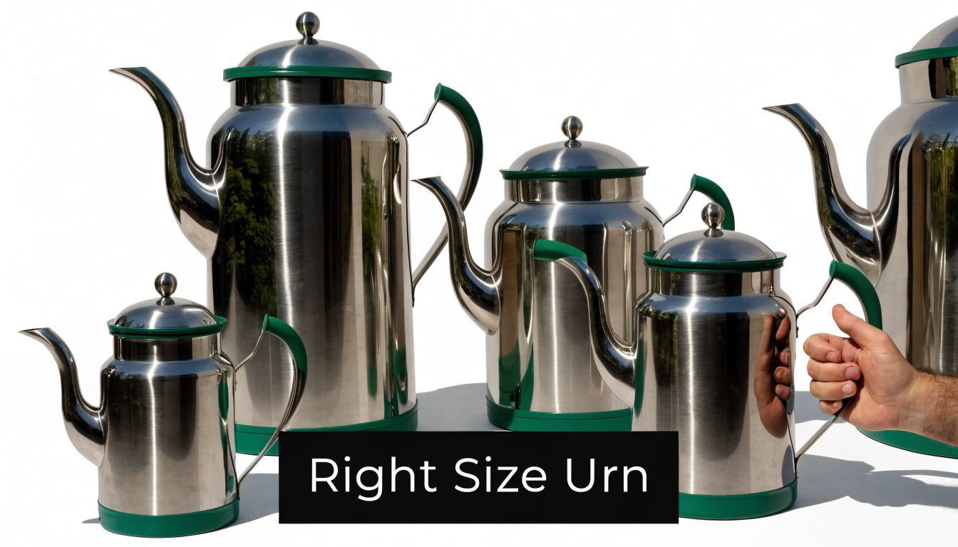 A collection of stainless steel water urns of various sizes shown on a white background.