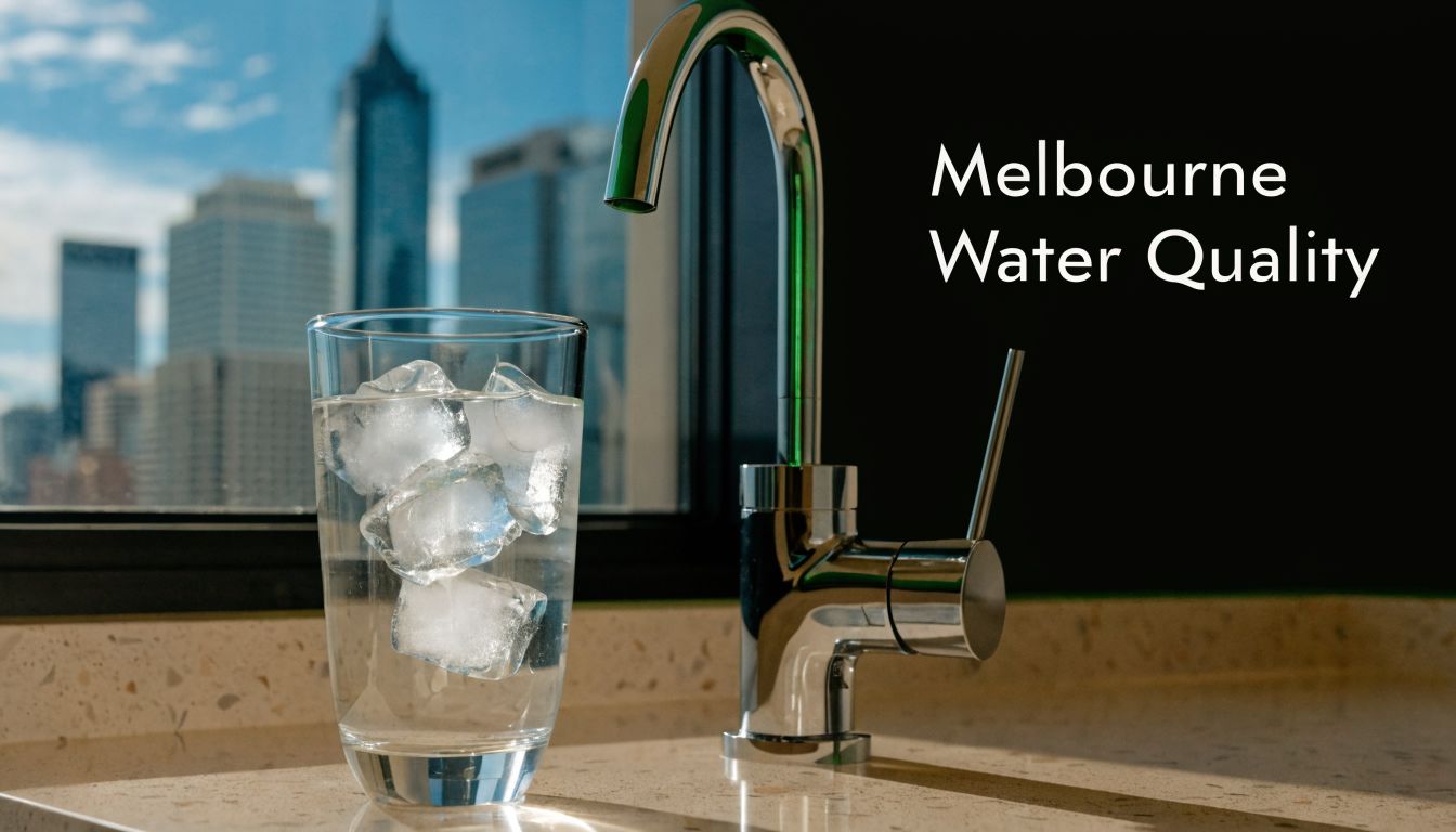 A glass of water with ice cubes next to a modern chrome faucet with city skyline background.
