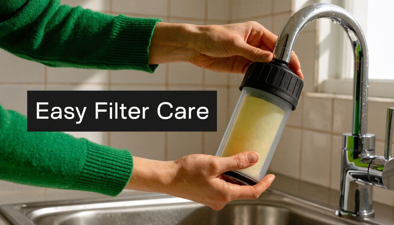A person in a green sweater holding a water filter cartridge under a kitchen faucet tap.