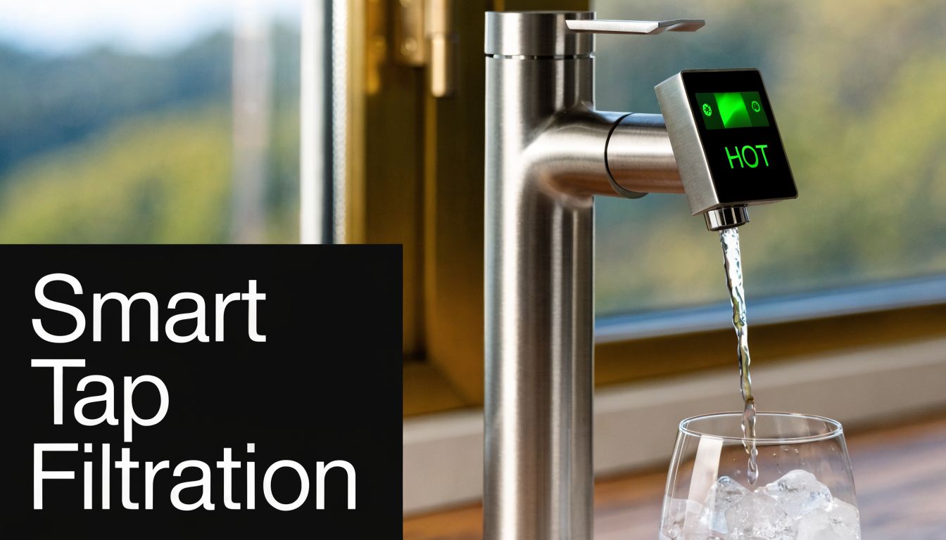 A modern stainless steel smart tap dispensing hot filtered water into a glass with ice cubes.