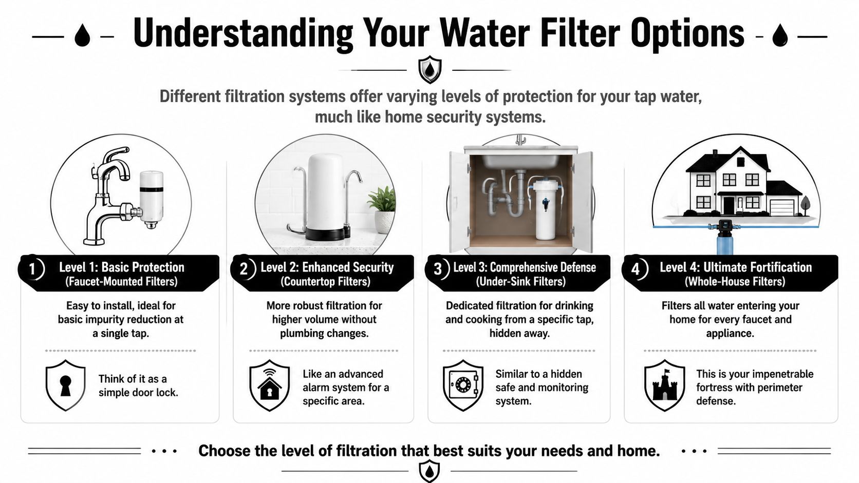 An infographic comparing four different water filtration systems, ranging from faucet-mounted units to whole-house filters.