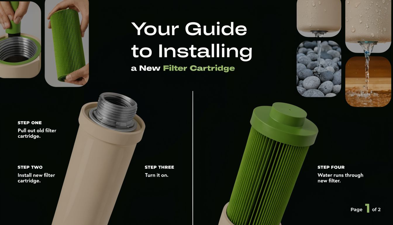 An instructional guide showing four steps to replace a water filter cartridge in a household device.