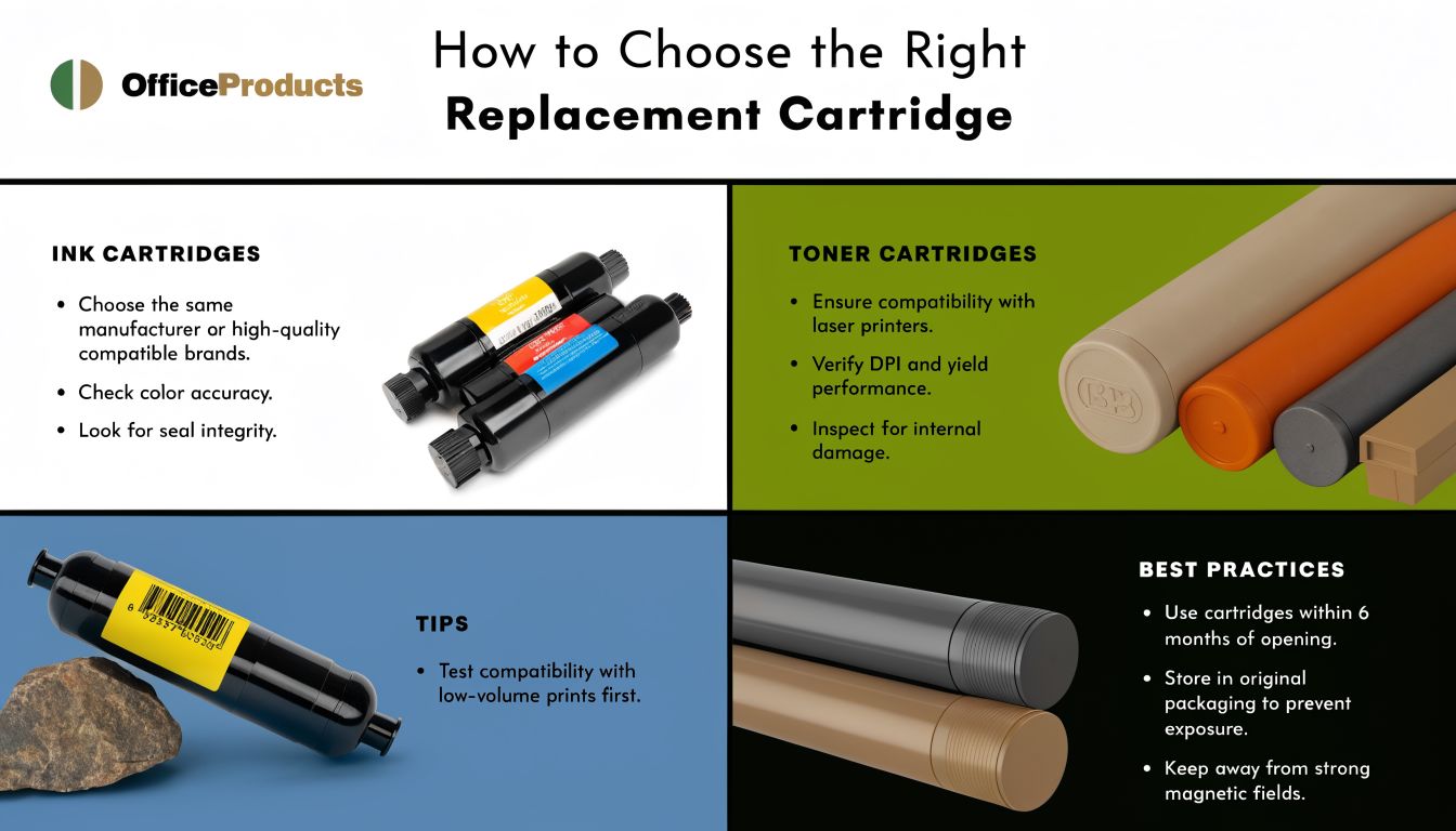 An infographic titled How to Choose the Right Replacement Cartridge, detailing tips for ink and toner cartridges.
