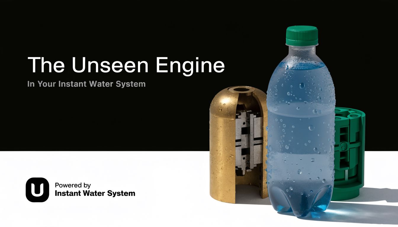 A water bottle stands next to industrial hardware components against a black and white background.