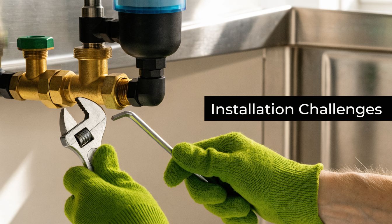 A pair of hands in bright green gloves using tools to install a water filter system.