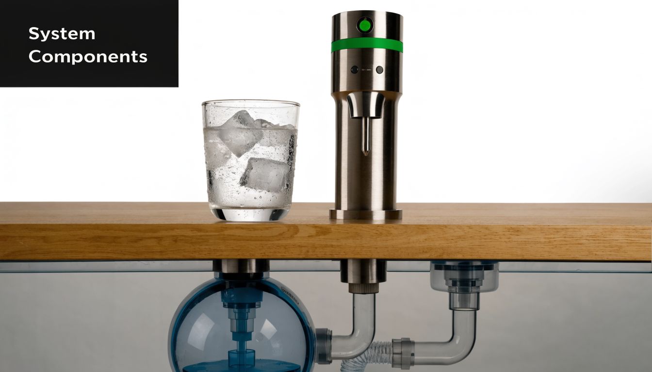 A stainless steel countertop water dispenser with a glass of ice water and under-counter filtration system.