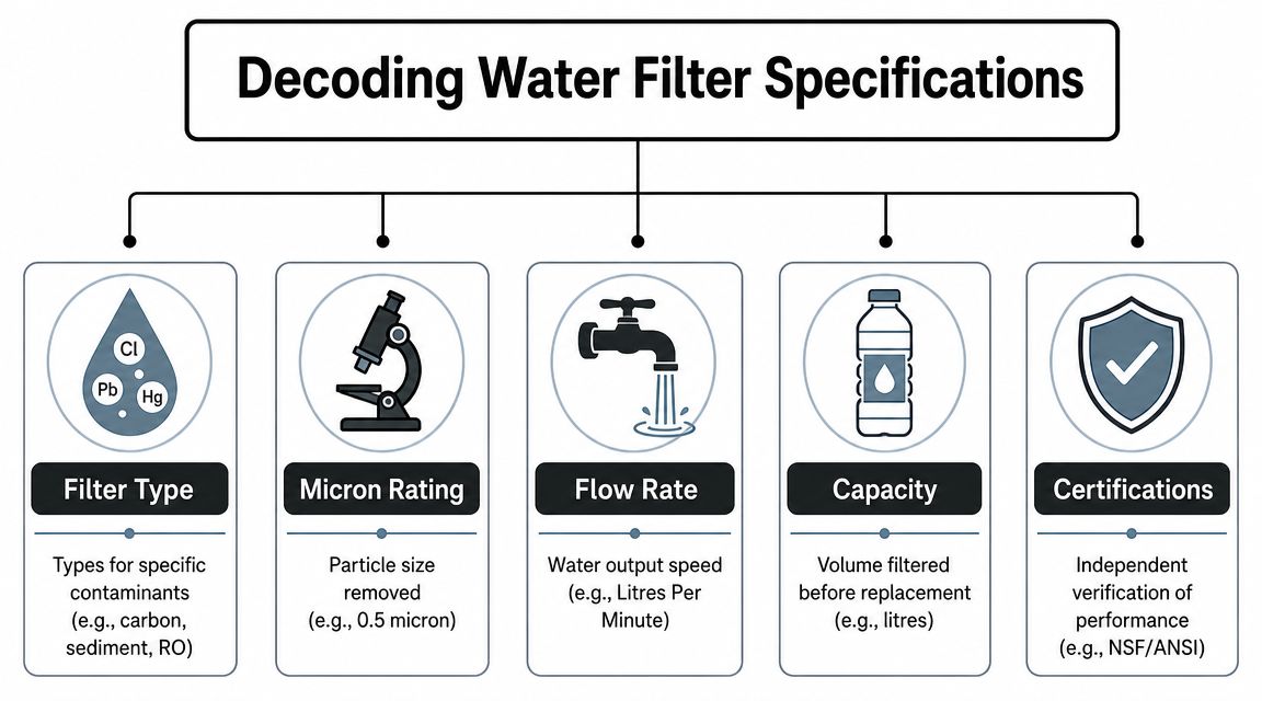 A diagram explaining water filter specifications including filter type, micron rating, flow rate, capacity, and certifications.