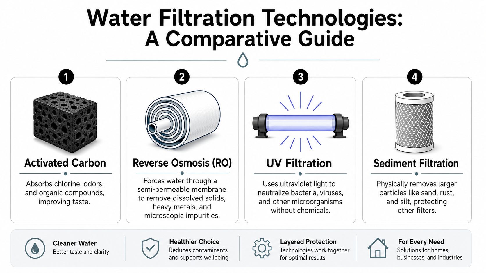 A comparative infographic illustrating four common water filtration technologies including activated carbon, reverse osmosis, UV, and sediment filtration.