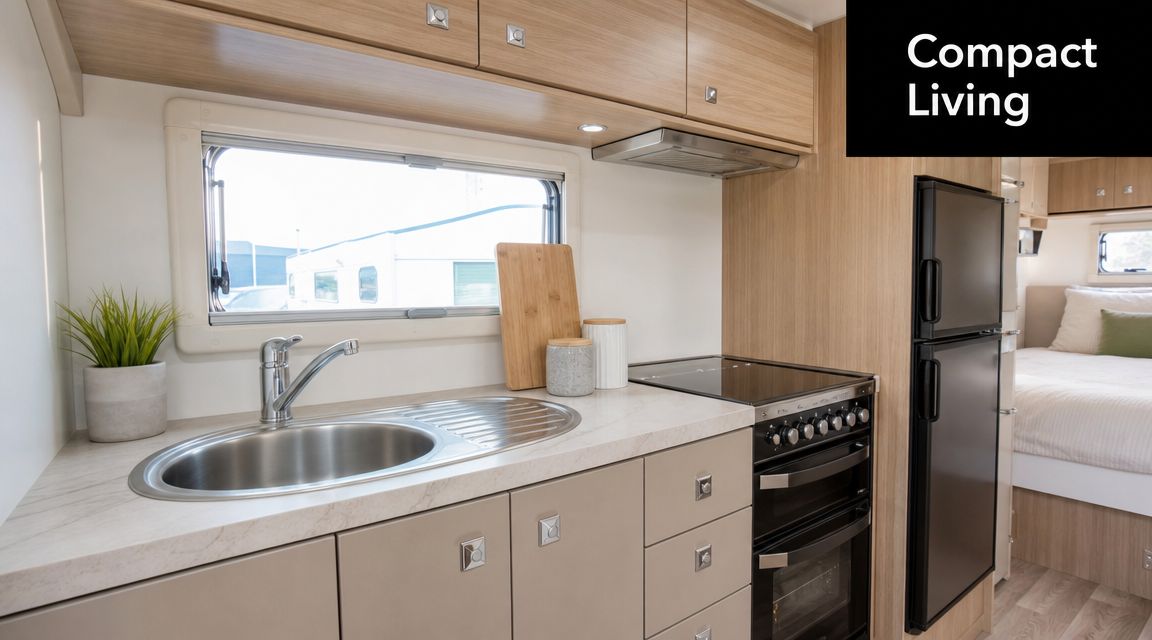 A sleek modern kitchenette inside a compact caravan or campervan, featuring a sink, stove, and refrigerator.