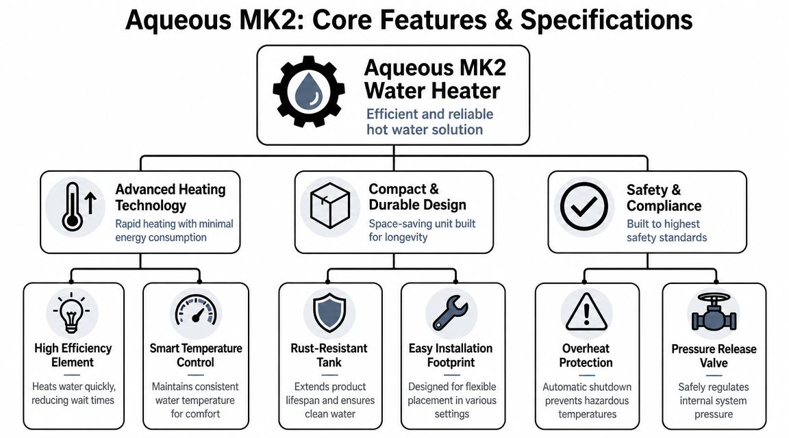 A diagram illustrating the core features and specifications of the Aqueous MK2 water heater system.