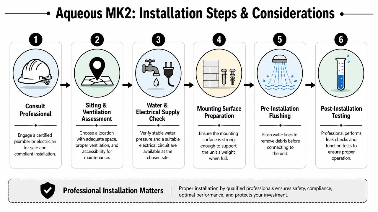 A six-step infographic guide detailing the professional installation process and considerations for the Aqueous MK2 unit.