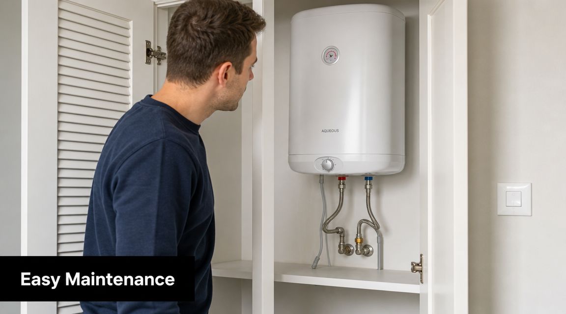 A man inspecting a white Aqueous MK2 electric water heater installed inside a cabinet for easy maintenance.