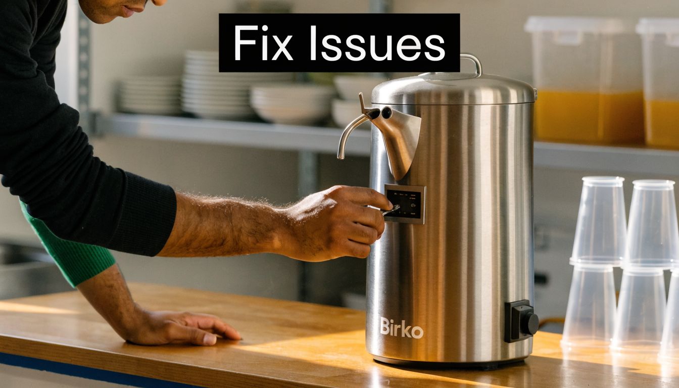 A person adjusting the settings on a stainless steel Birko hot water urn in a kitchen.