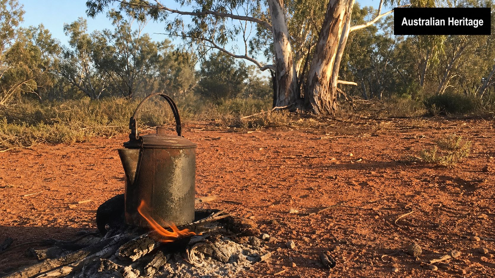 A rustic billy can heating up on a campfire in the middle of the Australian outback.