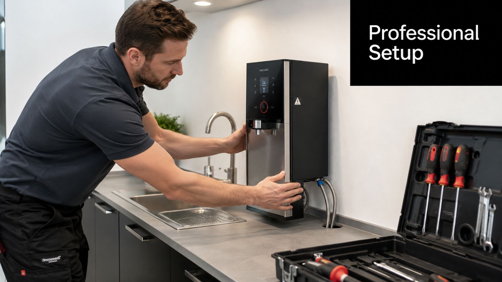 A professional technician carefully installing an Instant brand wall-mounted hot water dispenser in a modern kitchen setting.