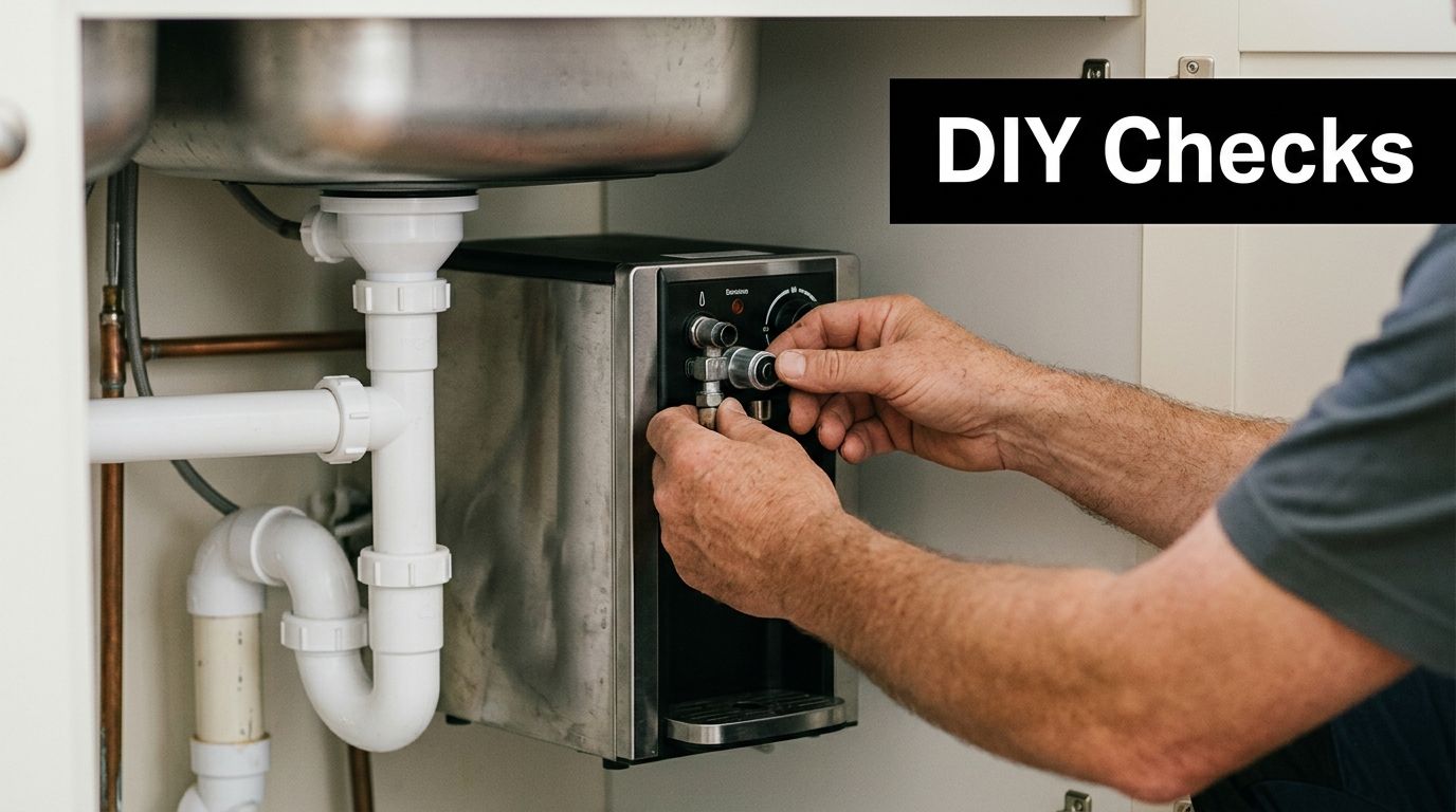 A technician performing a maintenance check on an under-sink boiling water unit in a kitchen cabinet.