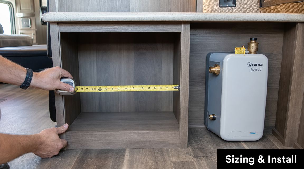 A person measuring the width of a cabinet space next to a Truma AquaGo water heater in an RV.