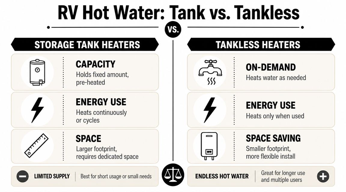 A comparison infographic between traditional storage tank RV heaters and modern tankless hot water heaters.