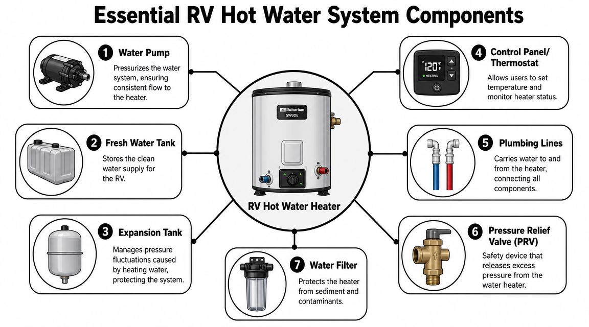 A diagram illustrating the seven essential components of an RV hot water system, including pump, tanks, and valves.