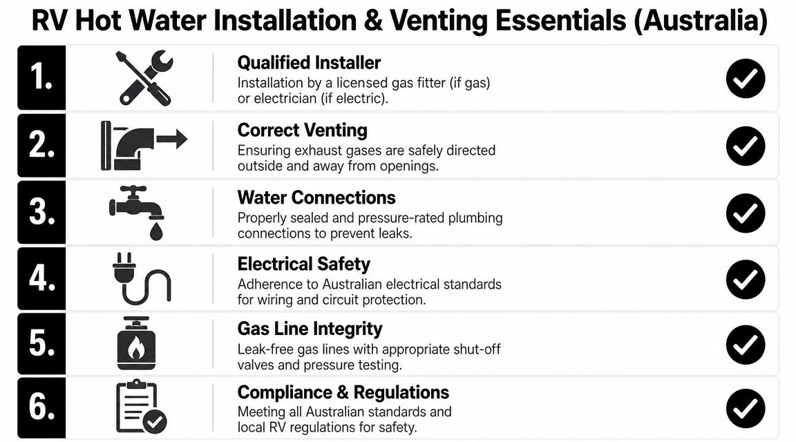 A checklist infographic outlining essential requirements for installing RV hot water systems in Australia.