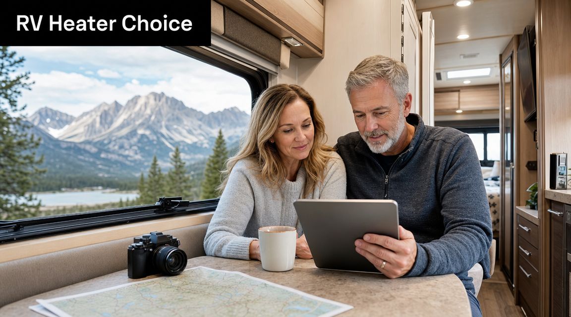 A middle-aged couple sits at a table inside an RV, looking at a tablet together while planning.